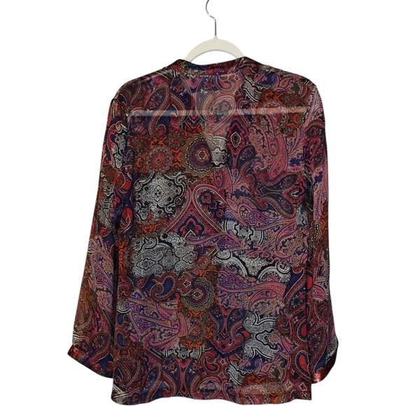 Chico's 100% Silk Paisley Popover Blouse Semi Sheer Floral Silky Trim Women's M - Picture 2 of 7
